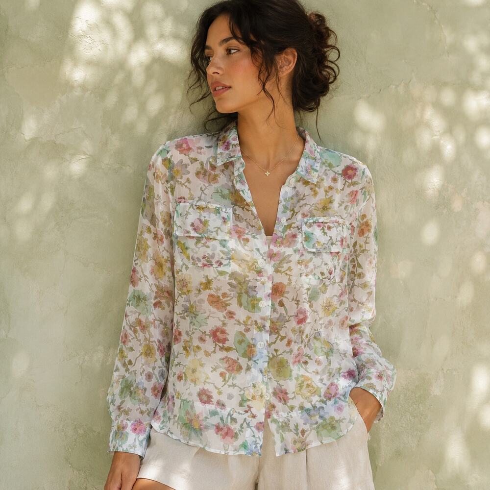 Bamboo Traders Pastel Watercolor Floral Sheer Button Up Blouse Large Cottage